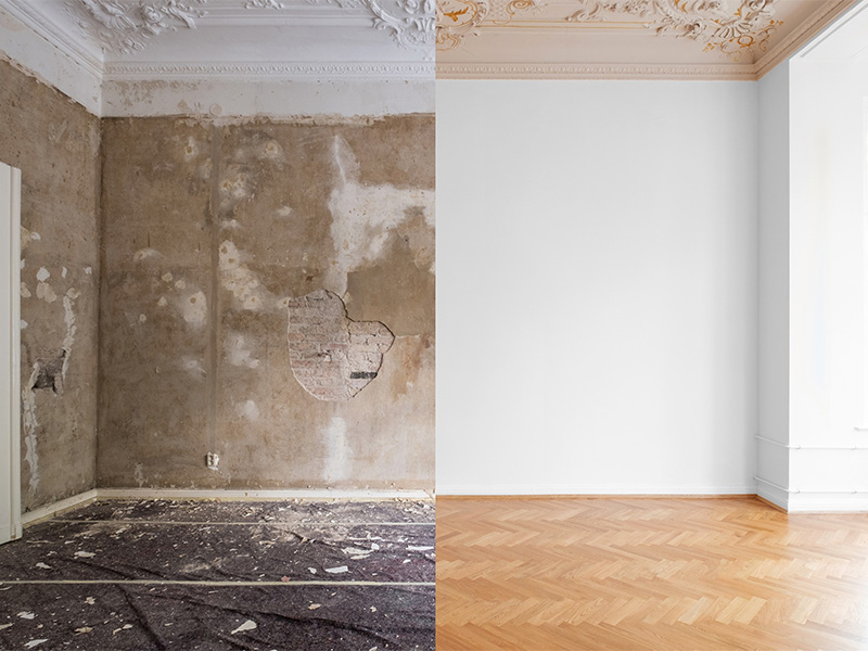 Leeres Zimmer vor und nach der Modernisierung zeigt eine professionelle Wohnung renovieren in Mainz mit hellem, zeitgemäßem Wohnambiente.