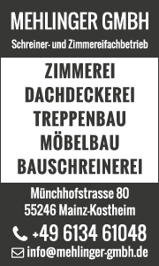 Banner der Mehlinger GmbH in Mainz mit Kontaktdaten, Leistungsübersicht im Handwerk sowie Hinweis auf Beratung und individuelle Lösungen.