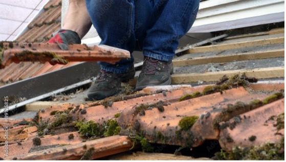 Dachdecker inspiziert beschädigte Dachziegel bei einem Sanierungsprojekt, zeigt Schritte beim Dach sanieren in Mainz für sicheren, dauerhaften Schutz.