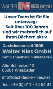 Banner der Walter Nies GmbH in Wiesbaden mit Kontaktdaten und Leistungen rund um Dachsanierung und Dacharbeiten.