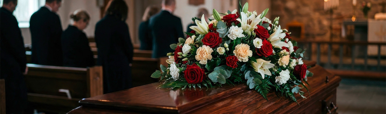 Blumengesteck auf einem Holzsarg während einer würdevollen Erdbestattung in Bischofsheim mit trauernden Angehörigen im Hintergrund einer Kirche.