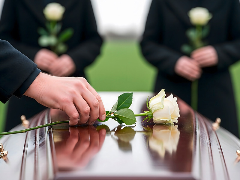 Hand legt eine weiße Rose auf einen Holzsarg während einer würdevollen Erdbestattung in Bischofsheim als Zeichen des Abschieds.