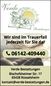 Banner mit Kontaktdaten und Leistungsübersicht von Verde Bestattungen in Rüsselsheim mit Hinweisen zu Beratung und Erreichbarkeit