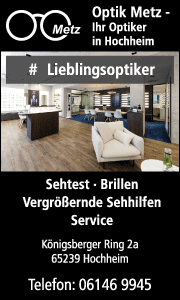 Banner von Optik Metz in Hochheim mit Kontaktdaten sowie Informationen zu Sehtest, Brillen, Kontaktlinsen und persönlicher Beratung.