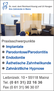 Banner der Zahnarztpraxis Dr. Kranig und Hangen in Mainz mit Kontaktdaten und Überblick zu modernen zahnmedizinischen Leistungen