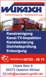 Banner zeigt Kontaktdaten und Leistungen der Firma Wukasch, inklusive Kanalreinigung und Rohrservice in Oestrich-Winkel.