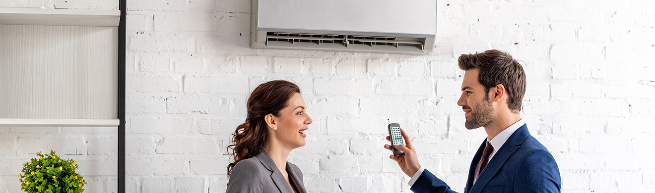 Kundenberater erklärt Unternehmerin Einsatz einer Gewerbeklimaanlage in modernem Büro in Mainz.