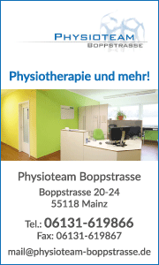 Banner mit Kontaktdaten und Leistungsübersicht des Physioteam Boppstraße Mainz für physiotherapeutische Behandlungen und individuelle Therapieangebote.