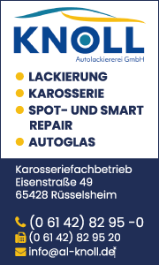 Banner der Autolackiererei Knoll GmbH in R&uuml;sselsheim mit Kontaktdaten sowie Leistungen rund um Fahrzeuglackierung, Karosseriearbeiten und Oldtimer-Restaurierung.