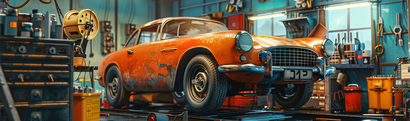 Oldtimer restaurieren in R&uuml;sselsheim: Klassisches Fahrzeug w&auml;hrend umfangreicher Restaurierungsarbeiten in einer Werkstatt mit Werkzeugen und ge&ouml;ffnetem Motorraum.