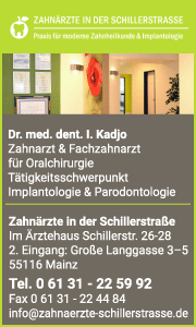 Banner der Oralchirurgie in Mainz mit Kontaktdaten, Adresse Schillerstraße, Leistungen wie Implantate, Weisheitszahnentfernung und persönliche Beratung.