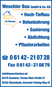 Banner von Weschler Bau in Rüsselsheim mit Kontaktdaten sowie Informationen zu Rohbau, Kellerbau, Mauererarbeiten und weiteren Bauleistungen.