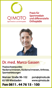 Banner von QIMOTO mit Kontaktdaten und Leistungsübersicht zur professionellen Behandlung von Rückenschmerzen in Mainz und Umgebung