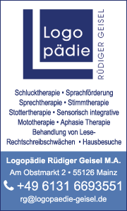 Banner der Logopädiepraxis Rüdiger Geisel M.A. in Mainz zeigt Kontaktdaten und Therapieleistungen für Patienten.
