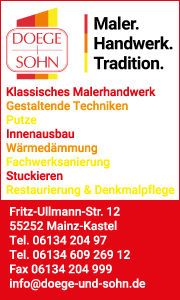Banner der Doege + Sohn GmbH in Mainz-Kastel mit Kontaktdaten sowie Informationen zu Wärmedämmung, Fassadendämmung und energetischer Sanierung.