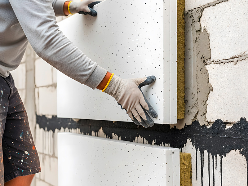 Handwerker montiert Dämmplatten an einer Hausfassade zum Wand dämmen in Mainz für mehr Energieeffizienz und geringere Heizkosten.